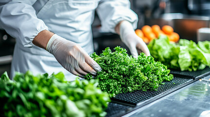 Fresh greens being sorted by worker in protective gear, showcasing vibrant kitchen environment filled with vegetables. focus is on efficiency and hygiene in food preparation
