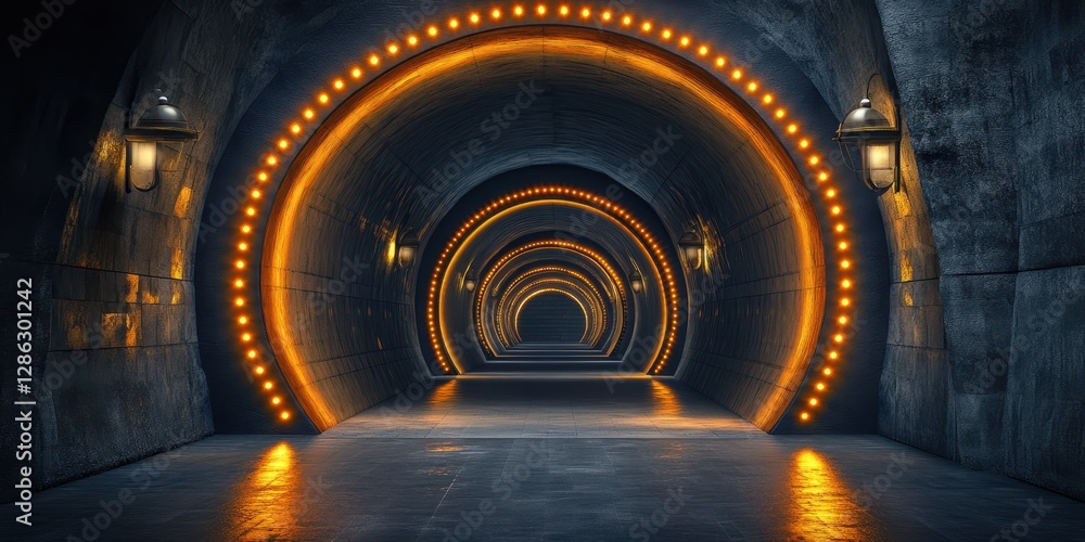 Poster a brightly lit tunnel featuring numerous glowing lights, creating an inviting and vibrant atmosphere