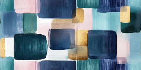 A vibrant artwork featuring a detailed close-up of a geometric pattern with blue and green squares, showcasing texture and color interplay.