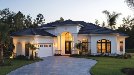 Luxurious Mediterranean Villa at Dusk - Stunning white villa with dark roof tiles, arched entryway, and landscaped lawn. Evening lighting enhances its elegance