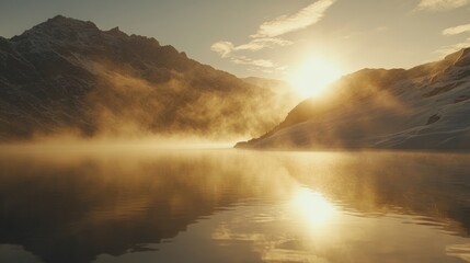 Fototapeta premium Serene Mountain Lake Landscape with Golden Sunrise and Misty Reflections