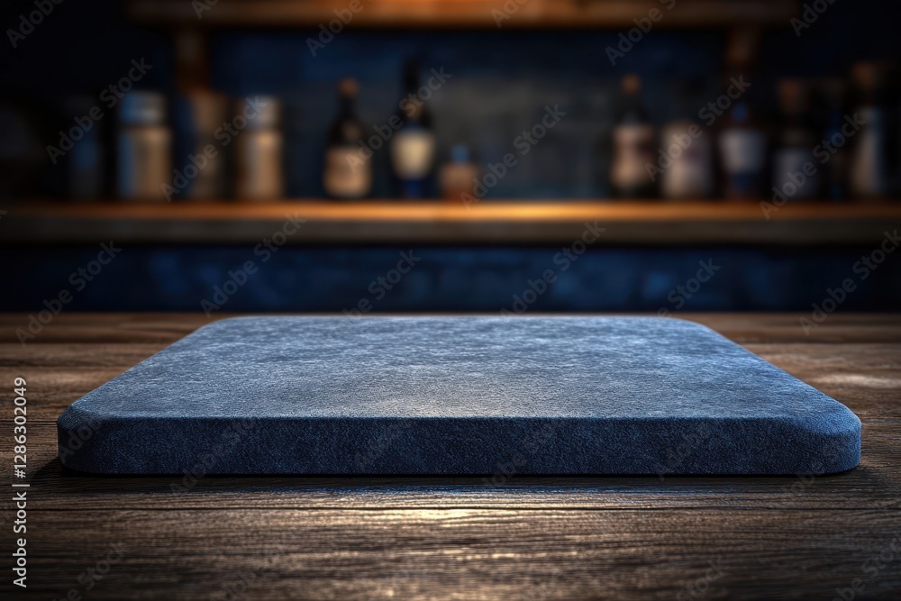 Poster a blue cushion rests on a wooden table, positioned in front of a shelf filled with various items, cr