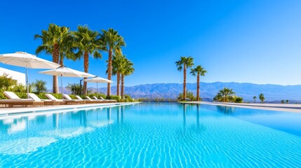 Luxury Resort Pool with Mountain View - Stunning infinity pool at a luxury resort, overlooking majestic mountains under a vibrant blue sky. Perfect for relaxation and escape