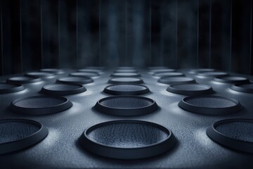 Aesthetic image showcasing a black table adorned with numerous round plates, highlighting elegance and simplicity in dining arrangements.