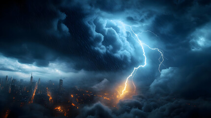 Obraz premium Dramatic storm clouds illuminated by bright lightning above a fiery horizon, showcasing nature's raw power and beauty.