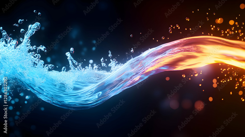 Poster dynamic image depicting the mesmerizing flow of water and fire combining in a stunning visual displa