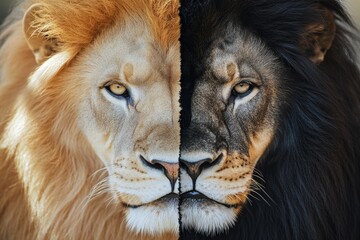 Obraz premium Majestic Lion Dualities - A powerful depicting a lion split into two, symbolizing duality, contrast, balance, strength, and nature's artistry