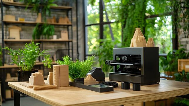 Creative Workspace with 3D Printers Producing Recycled Plastic Items and Zero-Waste Slogans - Powered by Adobe