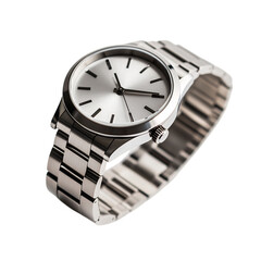 A Sophisticated Silver Tone Watch with White Dial Isolated on Transparent Background