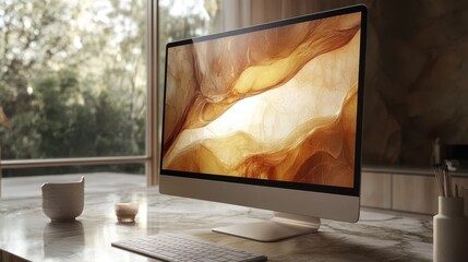 A computer monitor rests on a desk beside a steaming cup of coffee, showcasing a modern workspace setup ideal for productivity and comfort.