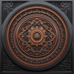 Fototapeta premium Ornate circular wooden carving with intricate geometric and floral motifs showcasing traditional craftsmanship cultural heritage and fine artistry