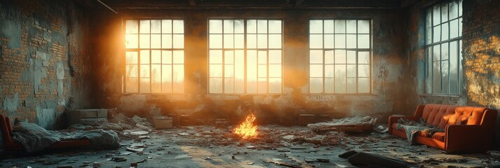 Sunlit abandoned room with fire, debris, and damaged furniture.