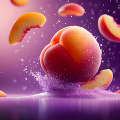 Fresh and juicy peach slices splash in vibrant water, creating a dynamic and colorful composition ideal for summer themes.