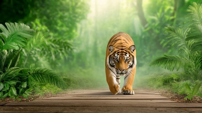 Majestic Tiger on Jungle Path - A majestic tiger walks a wooden path through a misty rainforest, symbolizing power, nature, grace, wilderness, and freedom