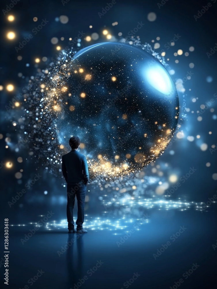 Poster man contemplating cosmic sphere - a man stands before a large, glowing sphere filled with sparkling 