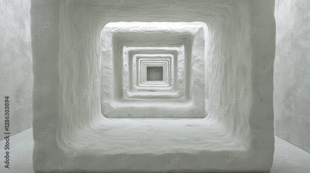 Poster a minimalist white square sculpture is prominently displayed in a well-lit room, emphasizing its geo