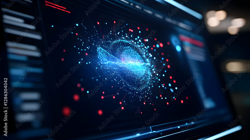 Poster futuristic holographic interface displayed on a computer screen, showcasing vibrant data visualizati