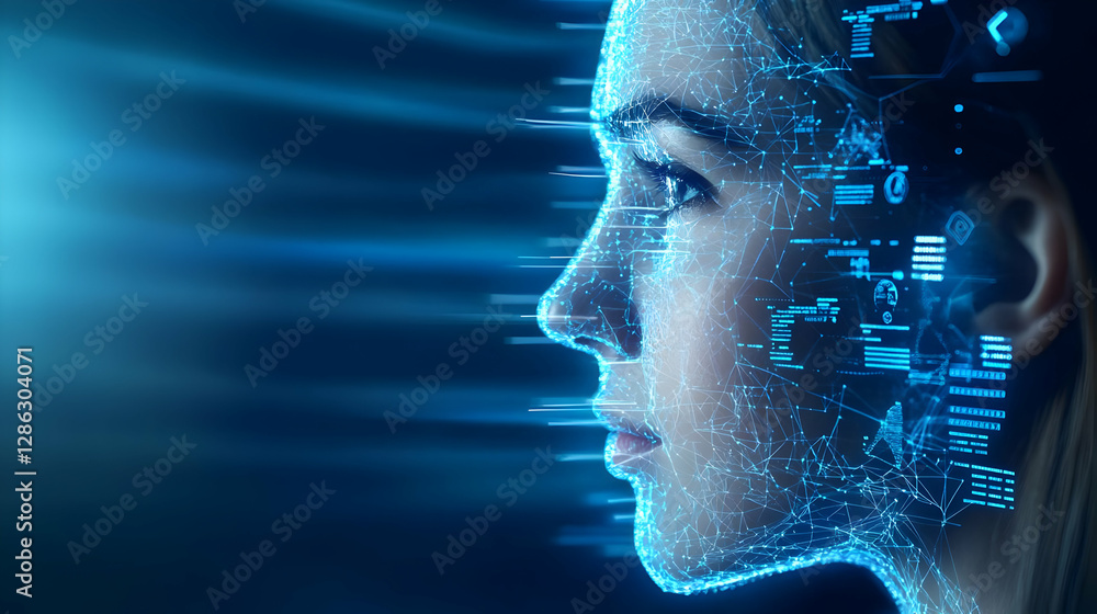 Poster futuristic image of a woman with digital data projections, representing artificial intelligence and 