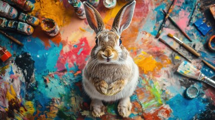 A Cute Rabbit Amidst Colorful Artist Paint Supplies