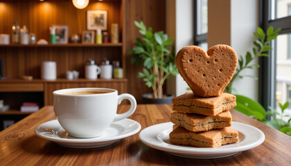Coffee with heart-shaped cookies on wooden table