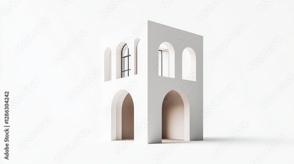 Poster minimalist architectural design model - modern white architectural model with arched windows and ent