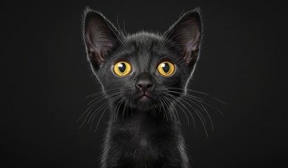 Obraz premium Black cat close-up on a black background. Beautiful pet portrait with yellow eyes, with space for text .