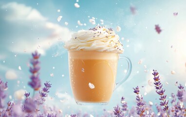 Levitating golden honey lavender latte with creamy swirls on sky blue background Easter