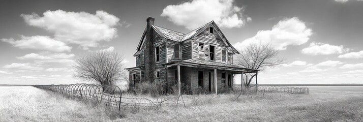 Derelict farmhouse in monochrome, weathered wood, broken windows, overgrown field, cloudy sky.