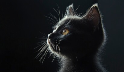 Black cat close-up on a black background. Beautiful pet portrait with yellow eyes, with space for text .