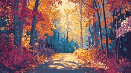 Autumn Forest Path Painting Vibrant Fall Colors Landscape Art