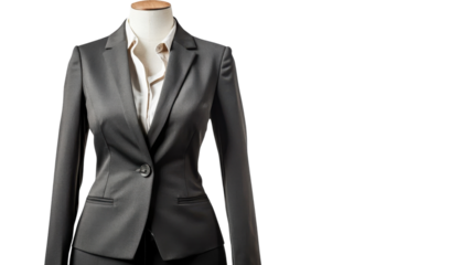 Elegant gray business suit displayed on a mannequin in a modern retail store setting during daylight hours