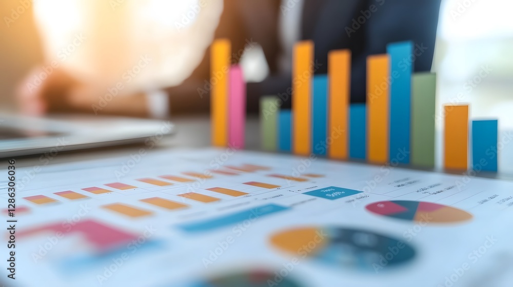 Aufkleber collaborative business strategy review with colorful charts and graphs on conference table