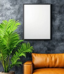 Modern living room interior with tan leather couch, a potted green plant, and a blank framed poster against a dark gray textured wall