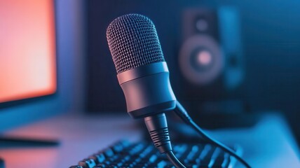 A close-up view of a microphone on a keyboard, set against a modern, illuminated backdrop, ideal for music and podcast themes. Microphone in studio system concept.