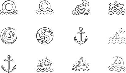 Nautical Icons Boats, Anchors, Life Rings, and Ocean Waves