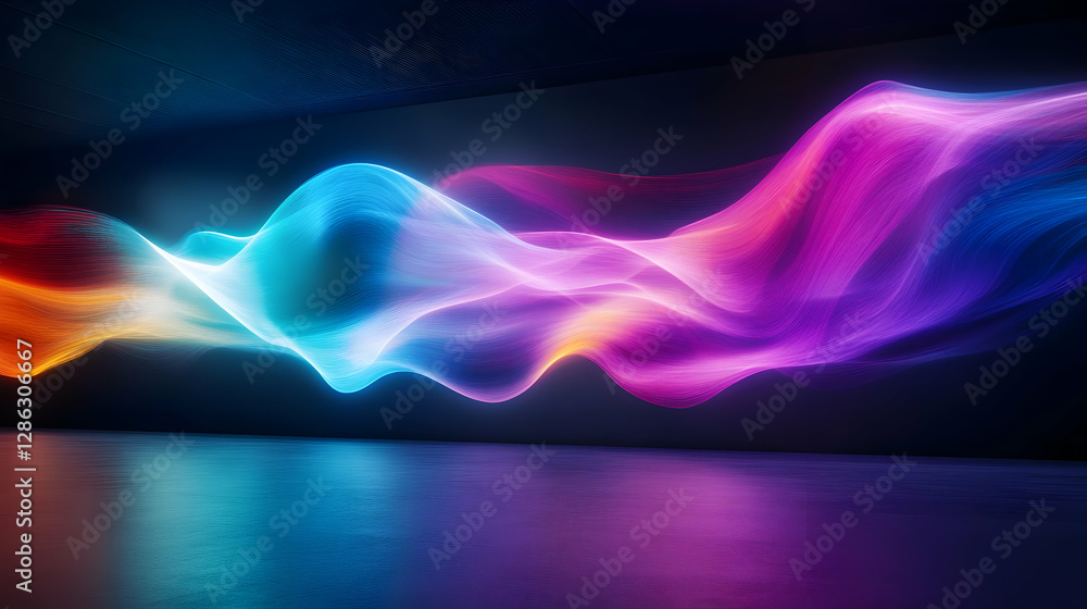 Poster vibrant abstract wave of colorful light flows across a dark background, creating a modern and dynami