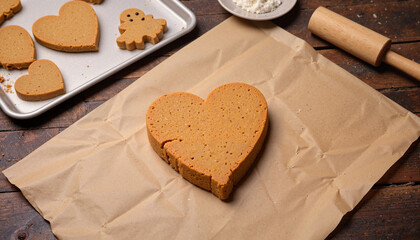 Heart-shaped cookie dough on wooden table