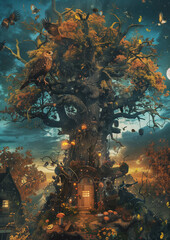 A mystical treehouse glowing under the night sky, home to enchanted creatures. A dreamlike fantasy setting, perfect for magical storytelling, fairy tales, and mythological themes. 