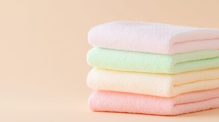 A neat stack of soft, pastel-colored towels resting on a light background, conveying a sense of cleanliness and relaxation.