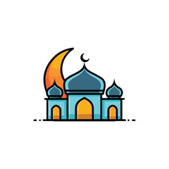 Simple black and white illustration of a mosque with crescent moon