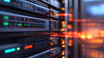 Obraz premium Server rack in data center, glowing connections