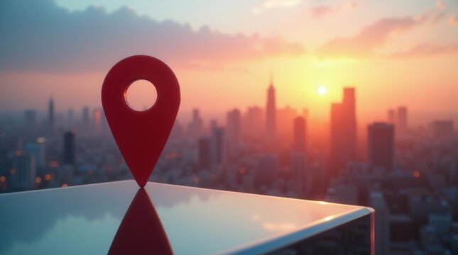 Peaceful Location Pin Over Urban Sunset Skyline