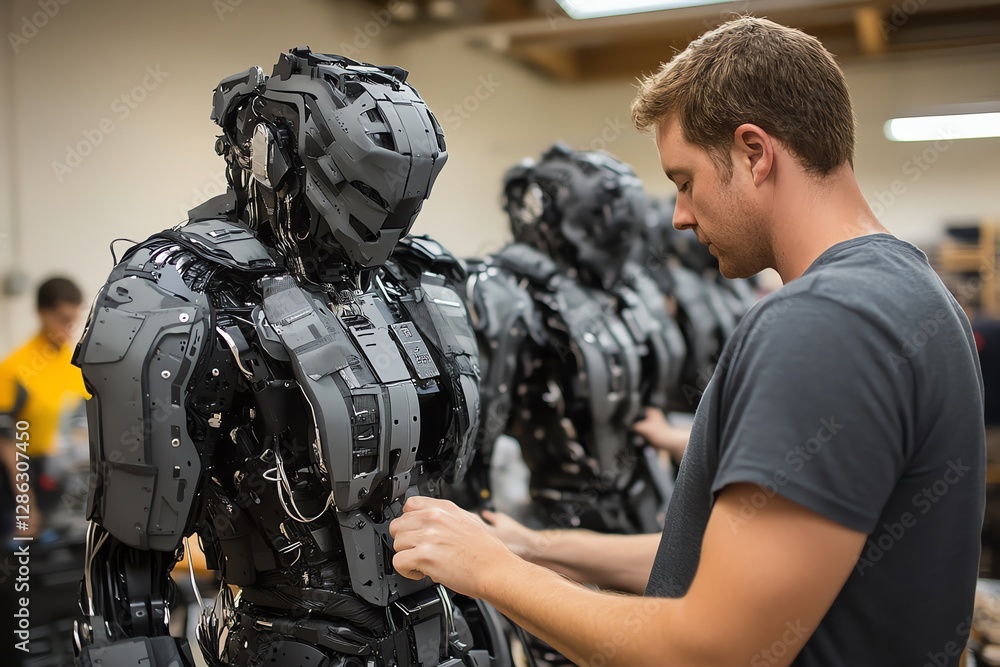 Poster technician assembling futuristic robot in workshop