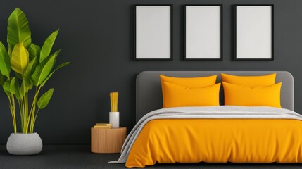 Modern bedroom interior design with dark gray walls, orange bedding, gray pillows, and a leafy green plant. Wooden nightstand with books and