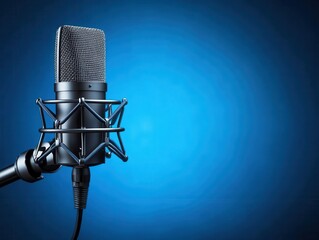 A professional microphone on a vibrant blue background, ideal for audio recording, broadcasting, and podcasting applications. Microphone in studio system concept.