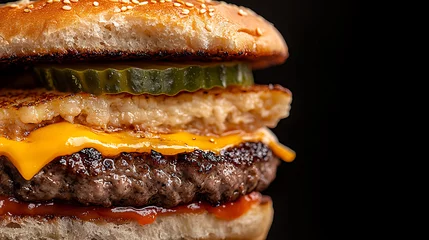 Delicious hamburger with a sesame seed bun, juicy meat, melted cheese, and crisp pickle on a black background. A tasty and indulgent meal option.