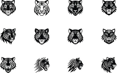 Twelve Tiger Head Designs Tribal, Black, White, Vector Art