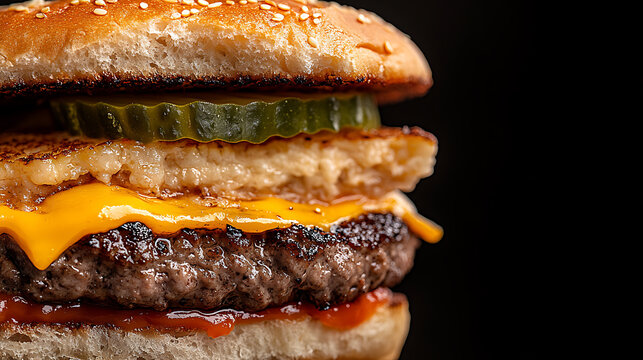 Delicious hamburger with a sesame seed bun, juicy meat, melted cheese, and crisp pickle on a black background. A tasty and indulgent meal option. - Powered by Adobe