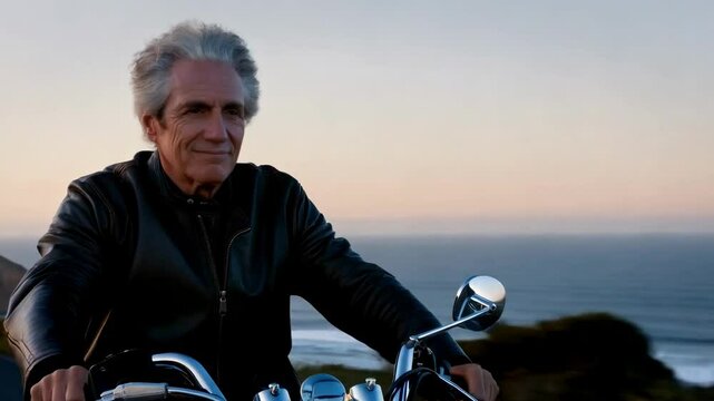 Old man biker in black leather jacket rides on motorcycle