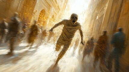 Zombies run towards the side of the screen blurring dynamic poses. Detailed hands have long fingers and sharp claws, and the high-speed motion blur effect creates a creepy feel